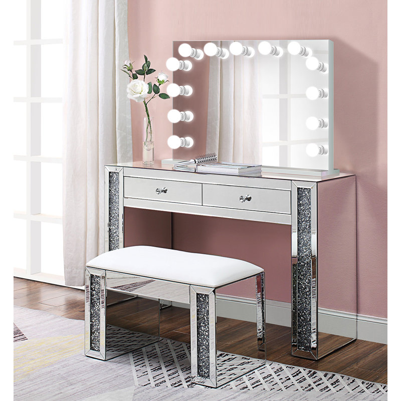 Everly Quinn Alday Glam Diamonds Makeup Station Vanity Set with Mirror